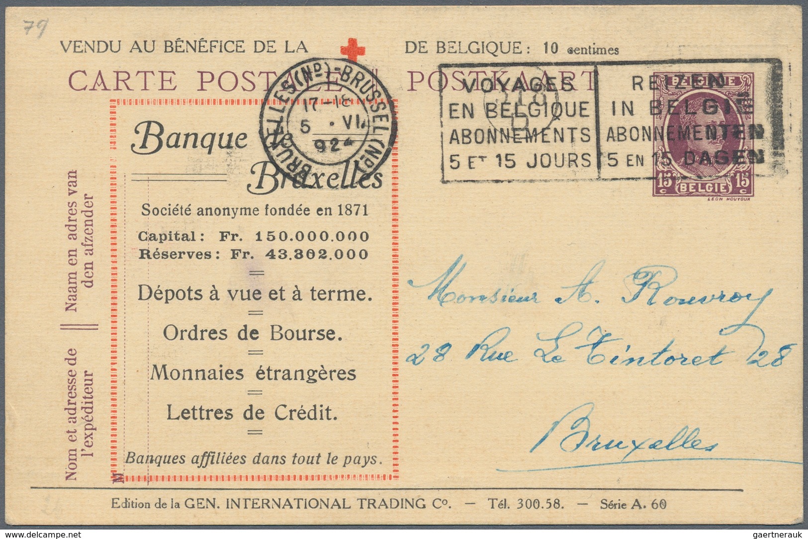 Belgien - Ganzsachen: 1924, 15c Violet Postal Stationery Card With Private Additional Print Red Cros - Andere & Zonder Classificatie
