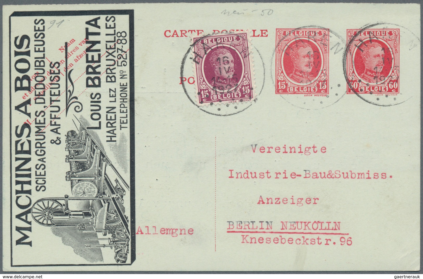 Belgien - Ganzsachen: 1927, 60c + 15c Red Postal Stationery Postcard With Additional Franking 15c Vi - Sonstige & Ohne Zuordnung