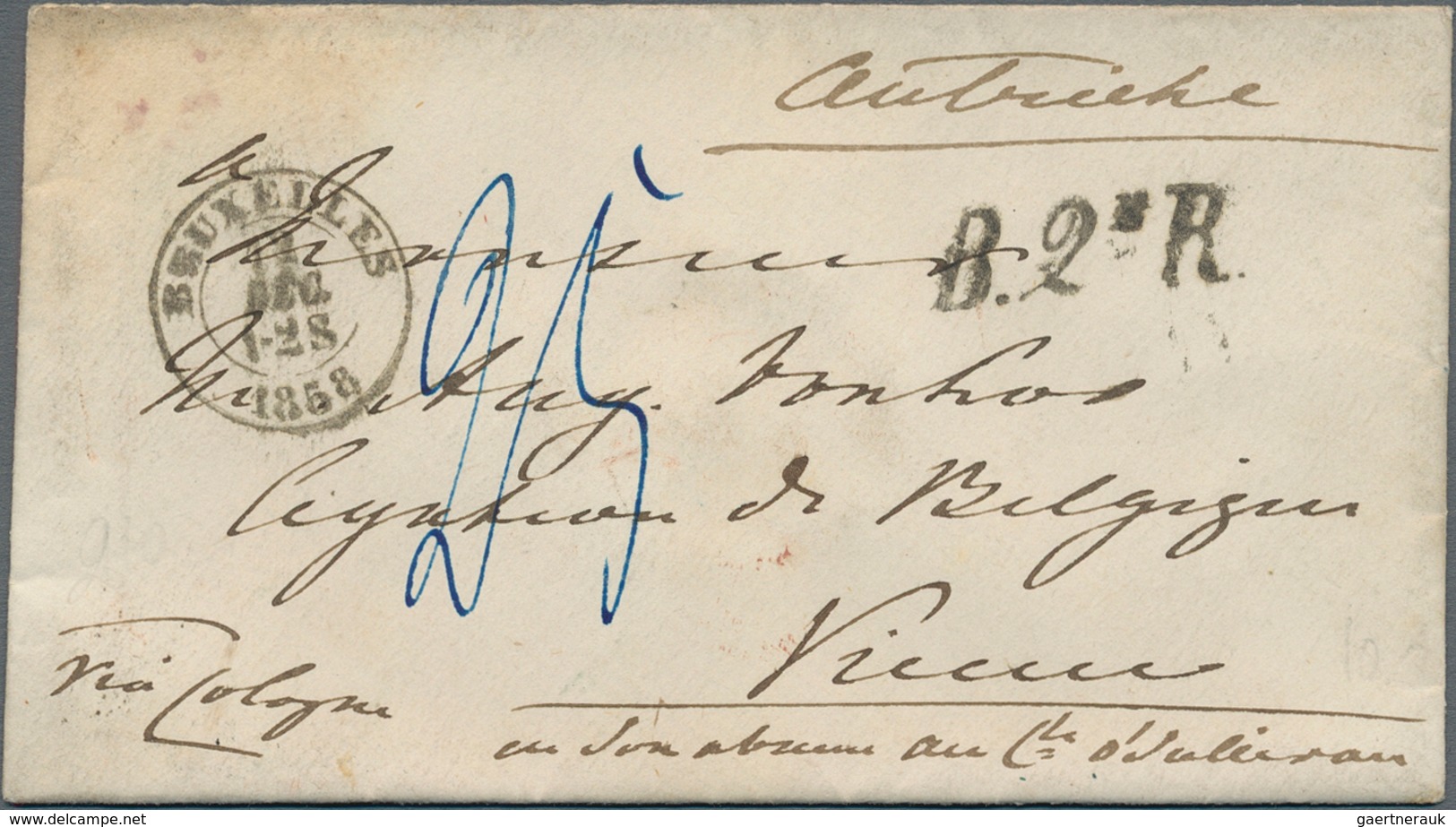 Belgien - Stempel: 1858, Tiny Cover From Bruxelles To Vienna With Double-circle And Straight Line "B - Sonstige & Ohne Zuordnung