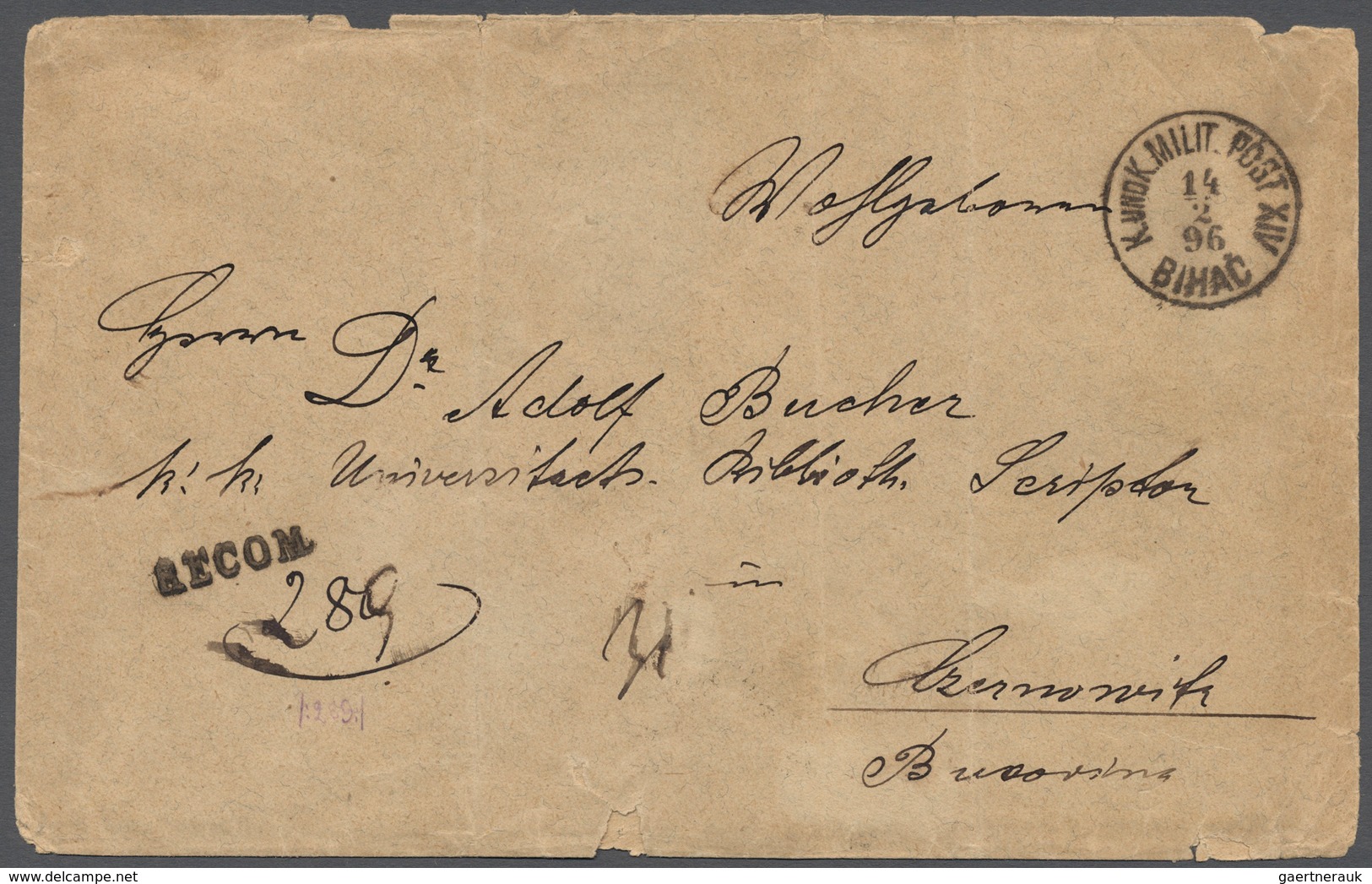 Bosnien Und Herzegowina: 1893, 20kr. Olive-green, Single Franking At Correct Rate On Reverse Of Regi - Bosnien-Herzegowina