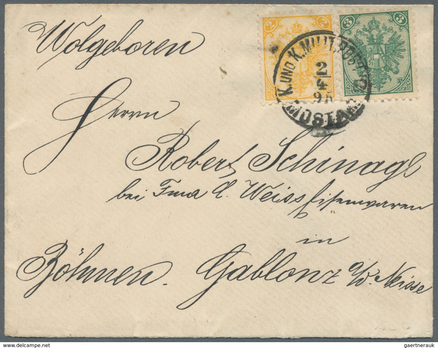 Bosnien Und Herzegowina: 1895, 2kr. Yellow And 3kr. Green, Attractive Franking On Cover "Gruss Aus M - Bosnië En Herzegovina