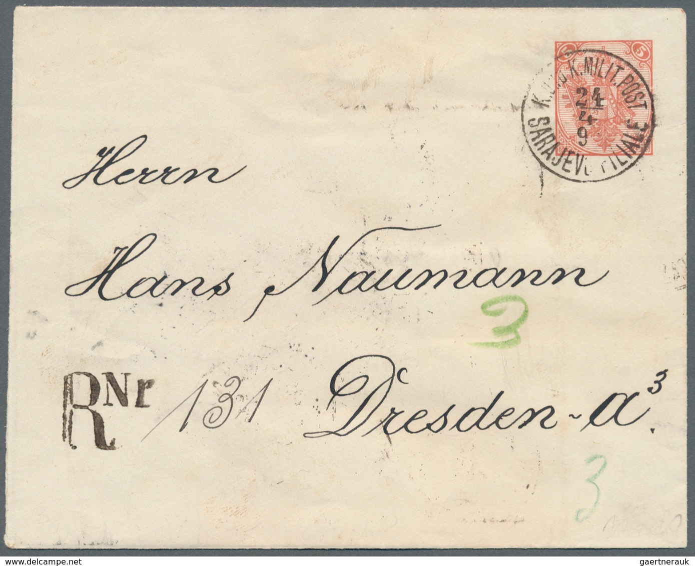 Bosnien Und Herzegowina: 1894, Stationery Envelope 5kr. Red Uprated By Pairs 2kr. Yellow And 3kr. Gr - Bosnien-Herzegowina