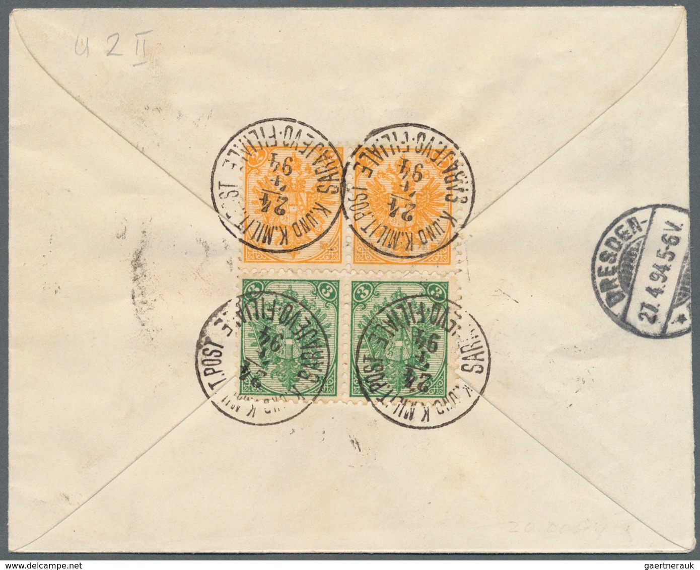 Bosnien Und Herzegowina: 1894, Stationery Envelope 5kr. Red Uprated By Pairs 2kr. Yellow And 3kr. Gr - Bosnië En Herzegovina