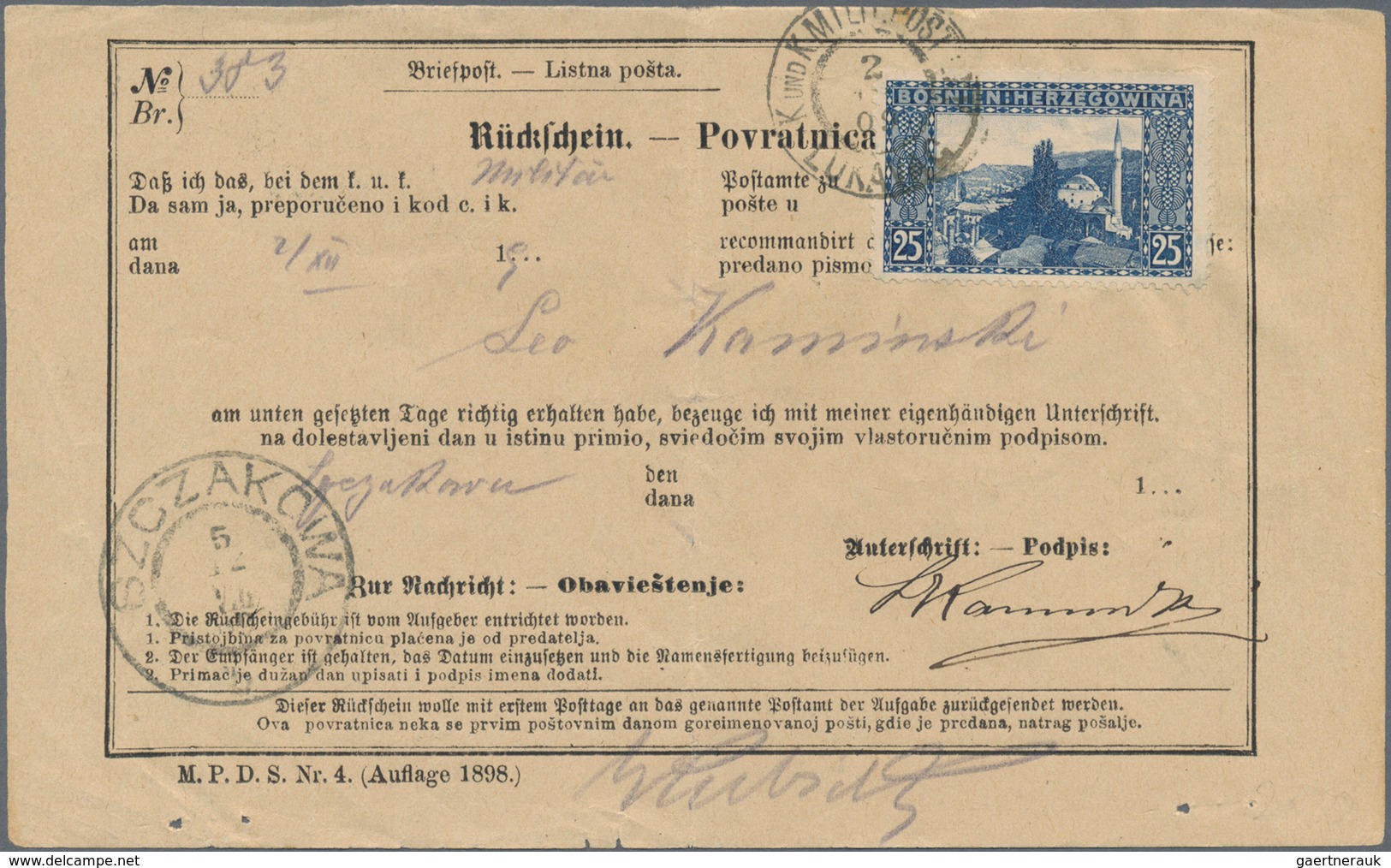 Bosnien Und Herzegowina: 1906, 25 H Blau, Einzelfrankatur Auf Rückschein Mit Stpl. K.und K.MILIT.POS - Bosnien-Herzegowina