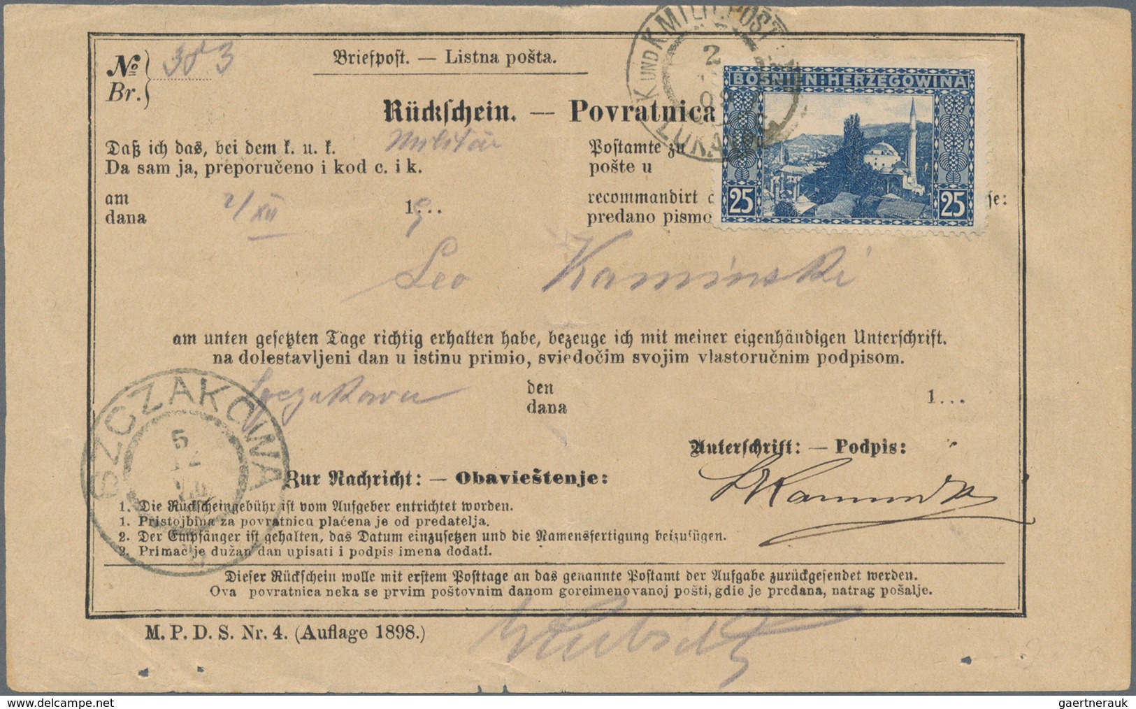 Bosnien Und Herzegowina: 1906, 25 H Blau, Einzelfrankatur Auf Rückschein Mit Stpl. K.und K.MILIT.POS - Bosnia And Herzegovina