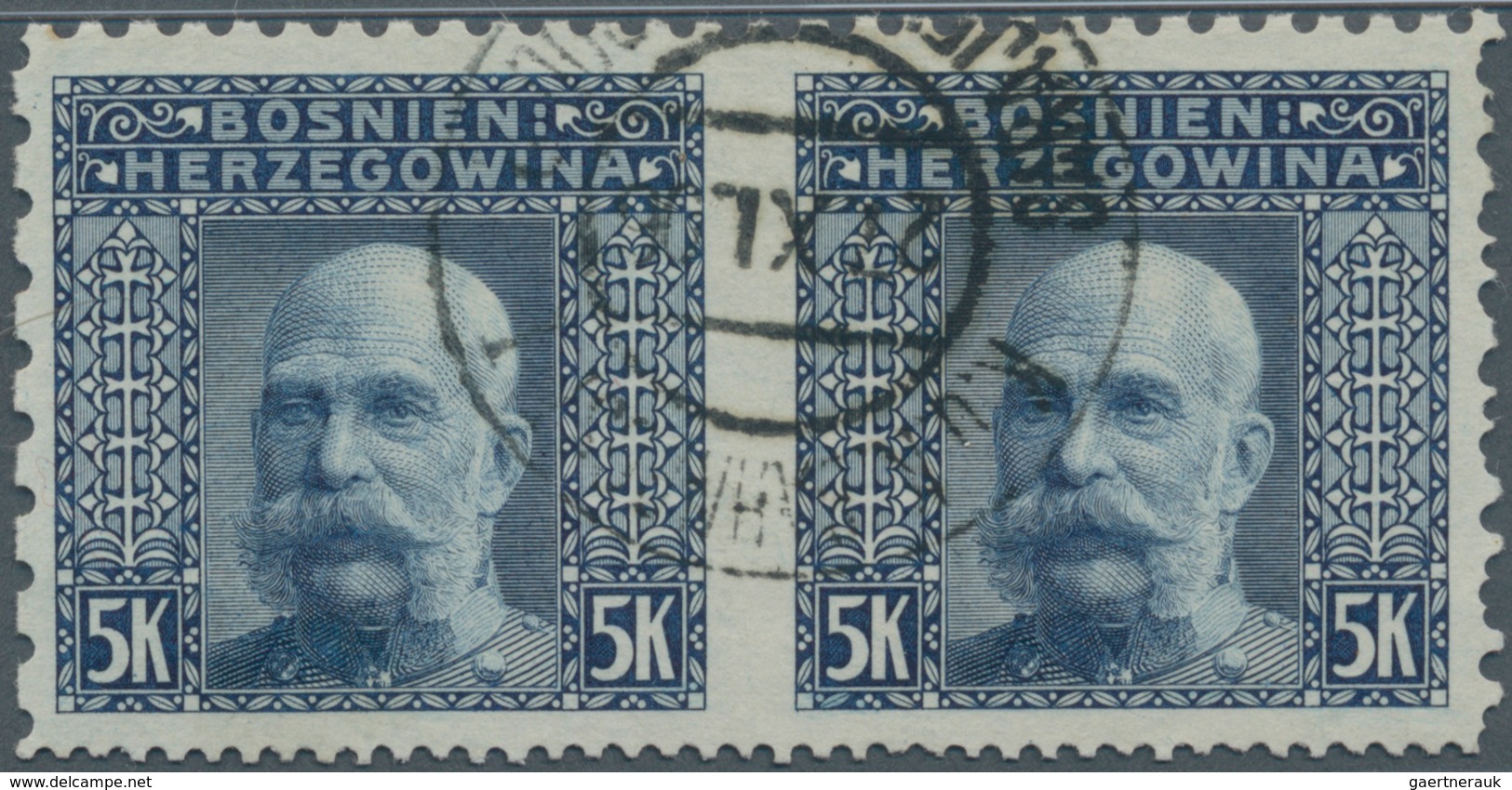 Bosnien Und Herzegowina: 1906, 5 Kr Dunkelblau, Gestempeltes Waagerechtes Paar, Mitte Ungezähnt, Am - Bosnia And Herzegovina