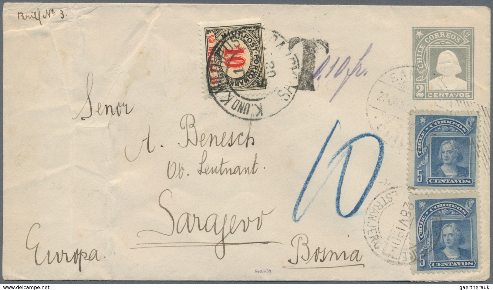 Bosnien Und Herzegowina: 1908, INCOMING MAIL: Chile, 2 C Grau 'Columbus' Ganzsachenumschlag Mit Zusa - Bosnien-Herzegowina