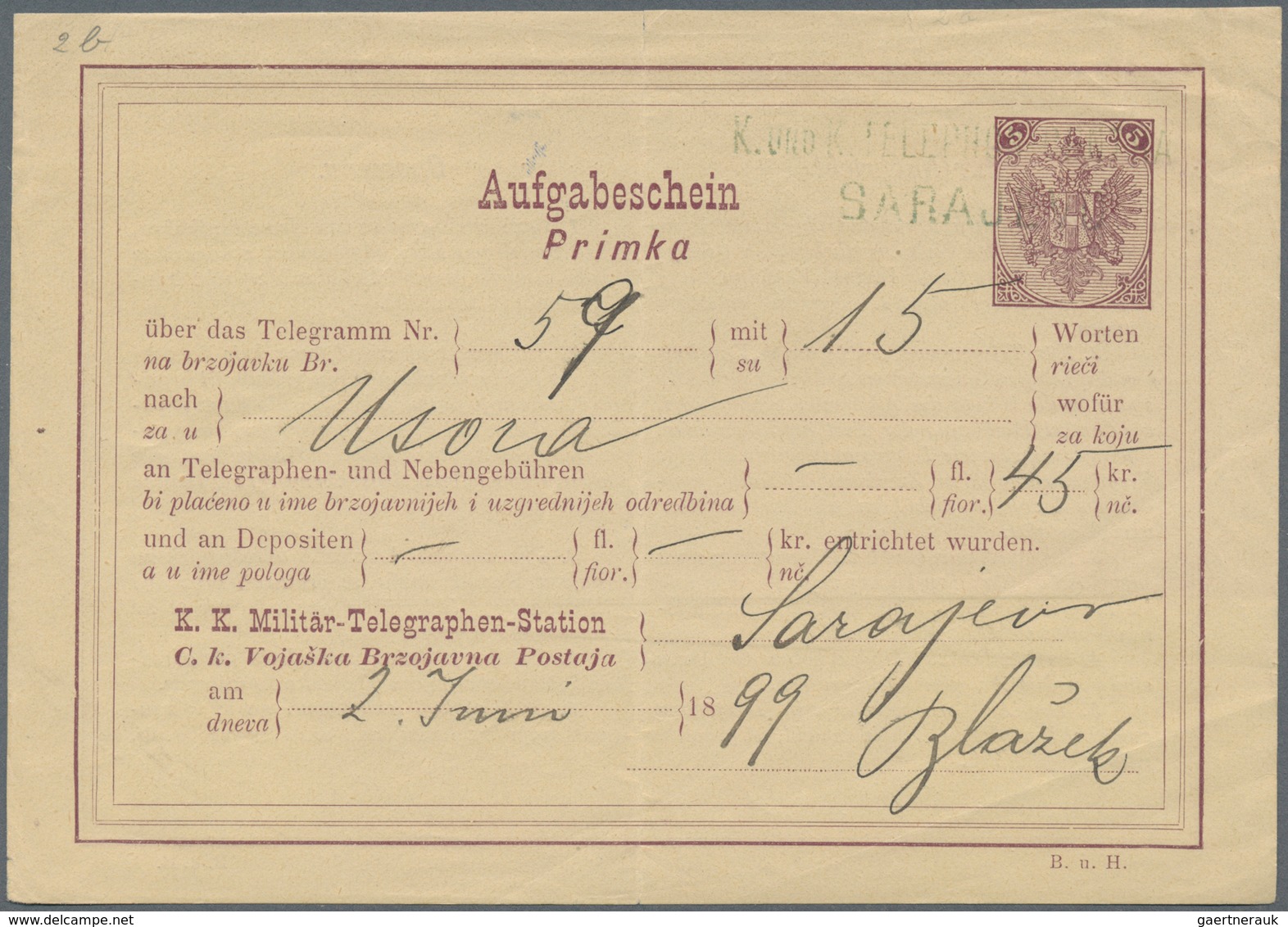 Bosnien Und Herzegowina - Ganzsachen: 1882, 10 H Violet Receipt (Aufgabeschein) Cancelled With Blue - Bosnien-Herzegowina