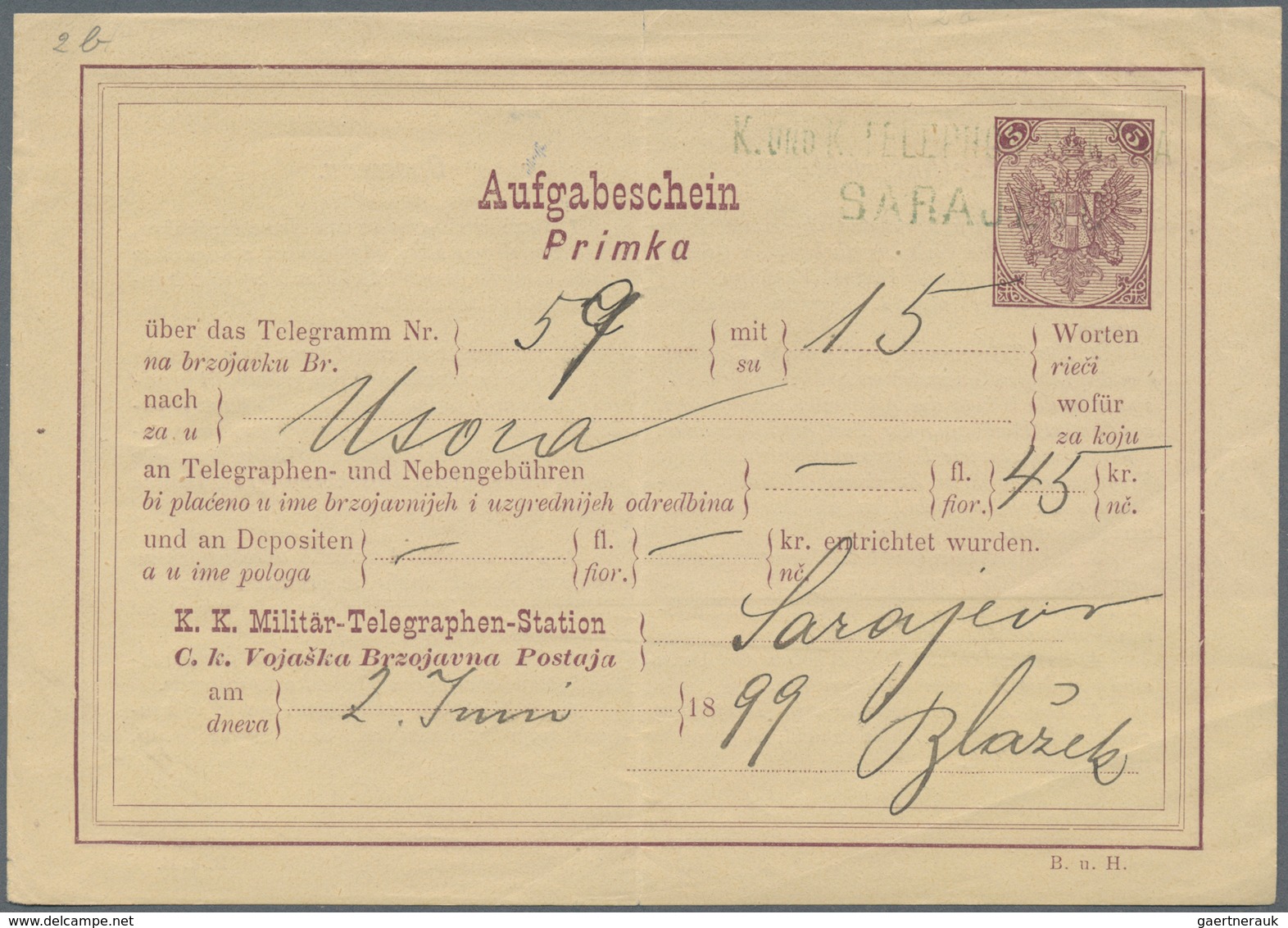 Bosnien Und Herzegowina - Ganzsachen: 1882, 10 H Violet Receipt (Aufgabeschein) Cancelled With Blue - Bosnia And Herzegovina