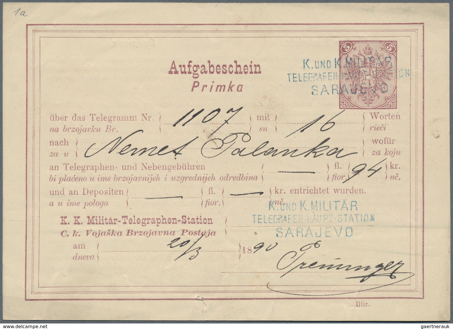 Bosnien Und Herzegowina - Ganzsachen: 1882, 10 H Violet Receipt (Aufgabeschein) Cancelled With Blue - Bosnië En Herzegovina