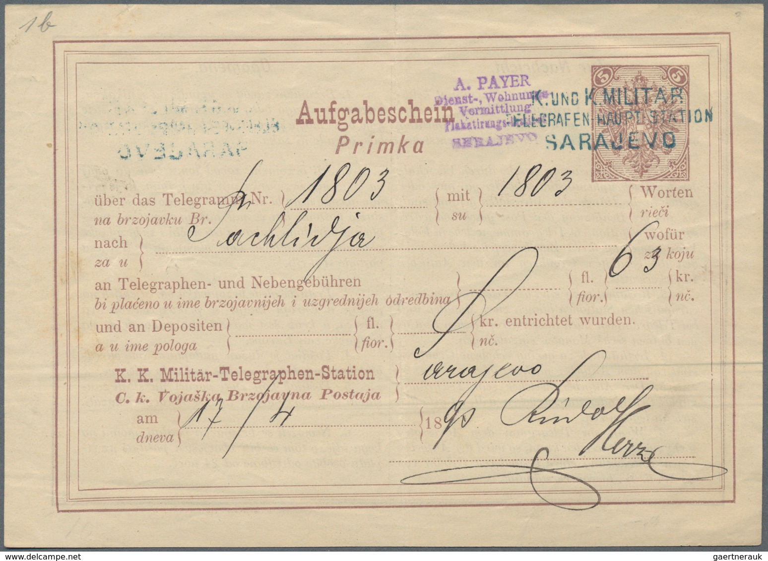 Bosnien Und Herzegowina - Ganzsachen: 1882, 10 H Violet Receipt (Aufgabeschein) Cancelled With Blue - Bosnien-Herzegowina