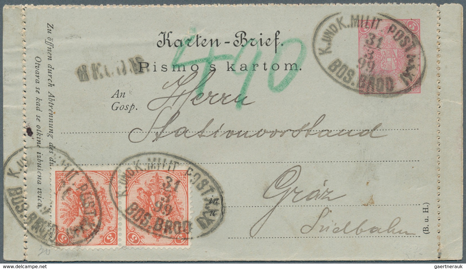 Bosnien Und Herzegowina - Ganzsachen: 1899, Letter Card 5kr. Rose Uprated By Pair 5kr. Red, Register - Bosnië En Herzegovina