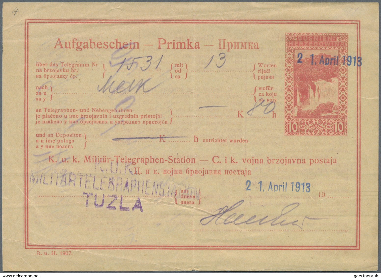 Bosnien Und Herzegowina - Ganzsachen: 1900/1907, 10 H Rose Receipt (Aufgabeschein) Cancelled With Bl - Bosnien-Herzegowina