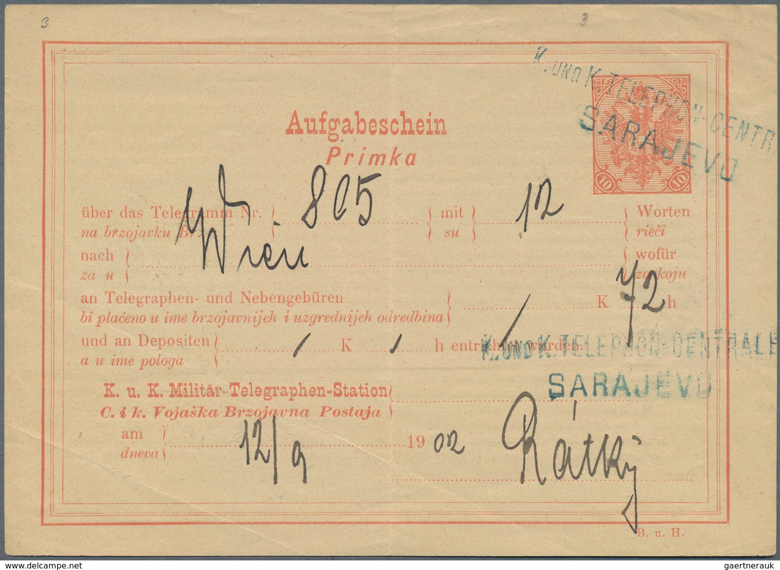 Bosnien Und Herzegowina - Ganzsachen: 1900/1907, 10 H Rose Receipt (Aufgabeschein) Cancelled With Bl - Bosnia And Herzegovina