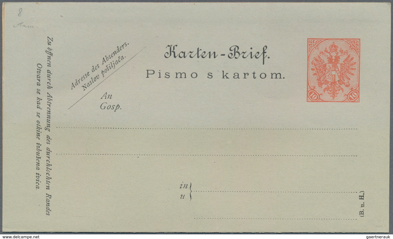 Bosnien Und Herzegowina - Ganzsachen: 1900, 10 Heller Card Letter Unused With Missing Perforation. - Bosnië En Herzegovina