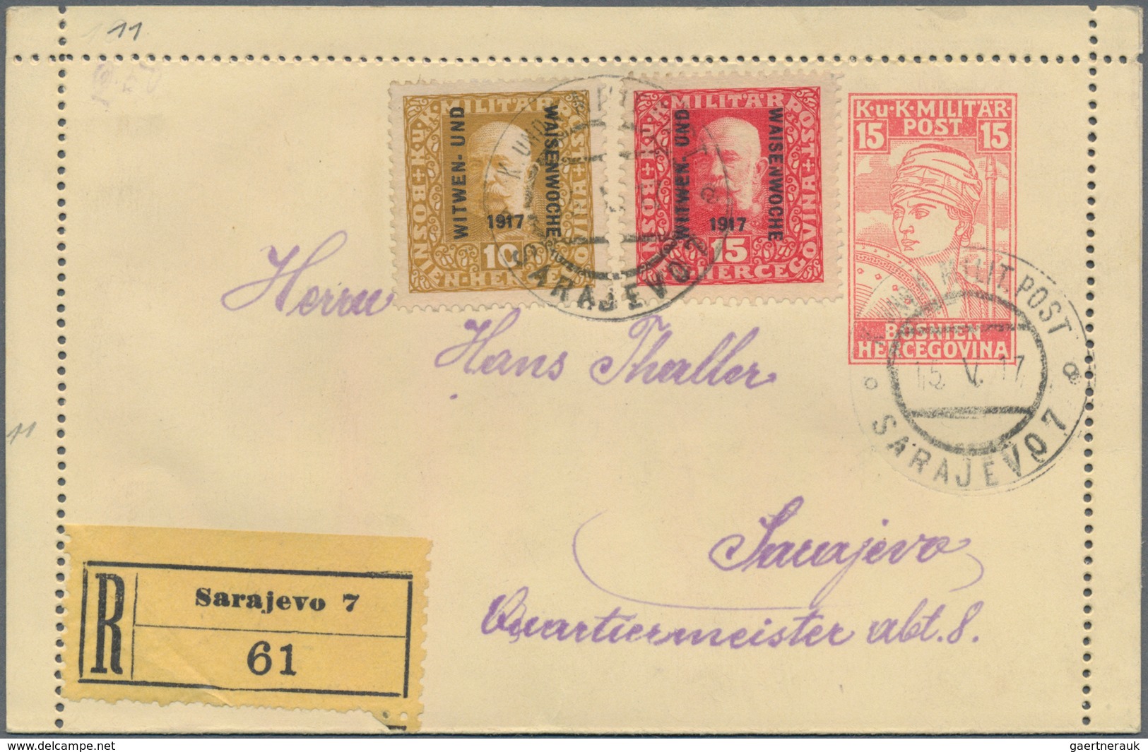 Bosnien Und Herzegowina - Ganzsachen: 1917, 15 H Card Letter With Additional Franking By 10 And 15 H - Bosnien-Herzegowina