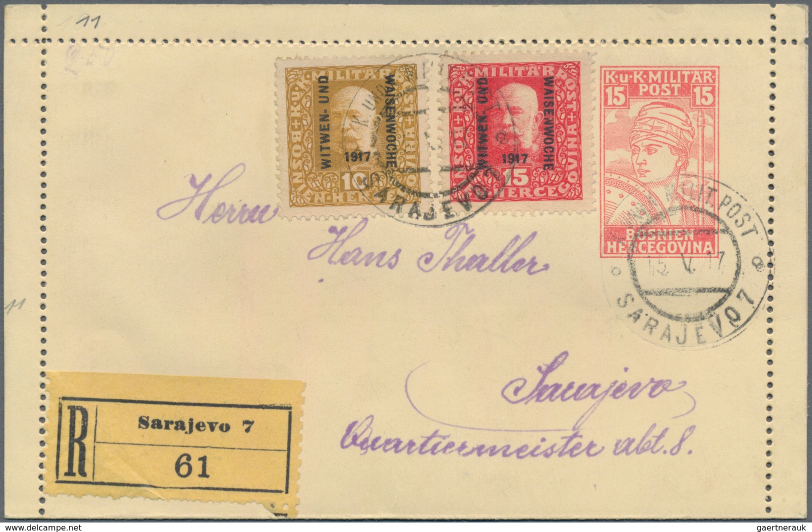 Bosnien Und Herzegowina - Ganzsachen: 1917, 15 H Card Letter With Additional Franking By 10 And 15 H - Bosnia And Herzegovina