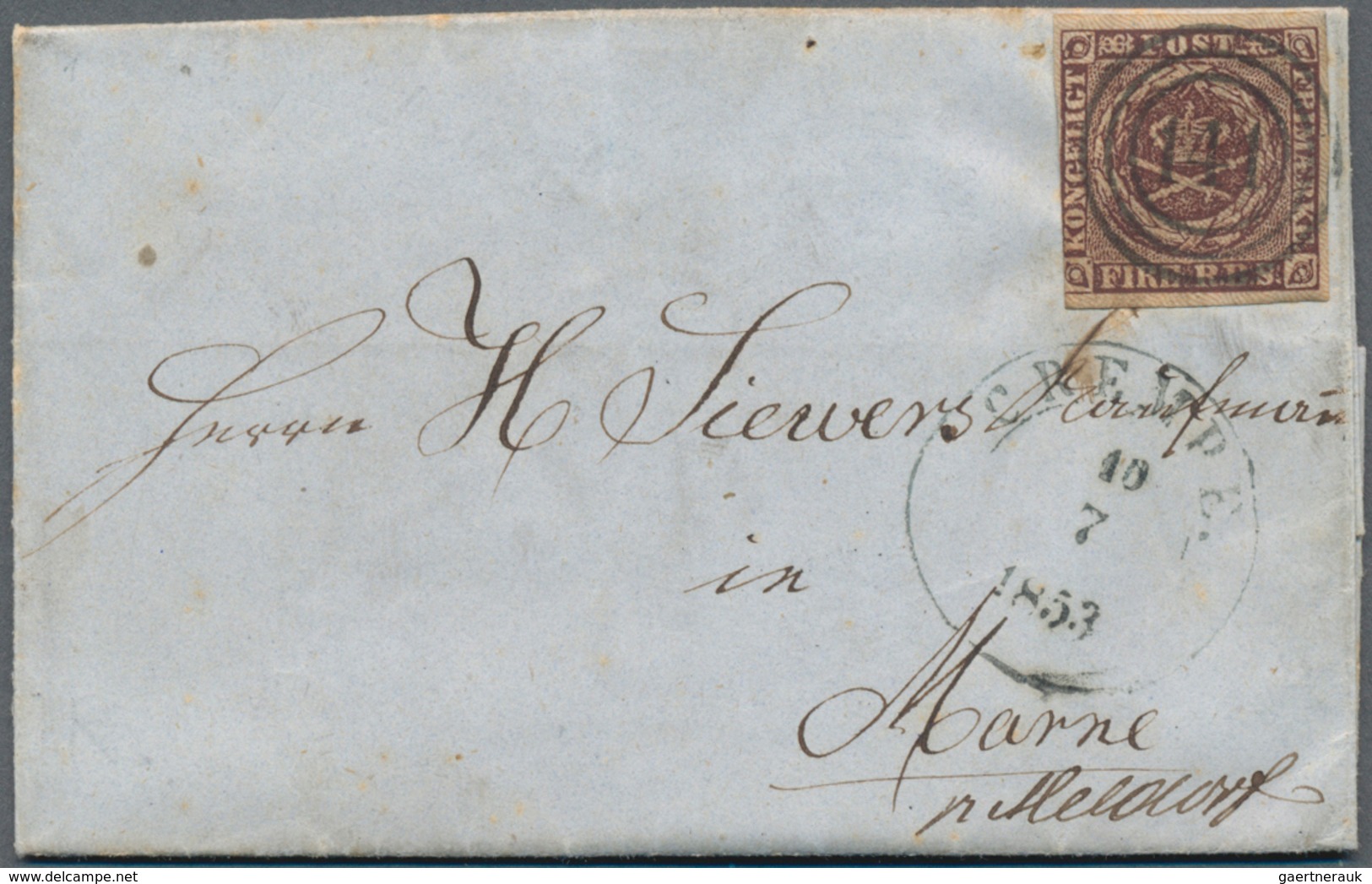 Dänemark: 1853 Small Entire Letter From Crempe To Marne Franked By Fire R.B.S. Tied By Numeral "141" - Ungebraucht
