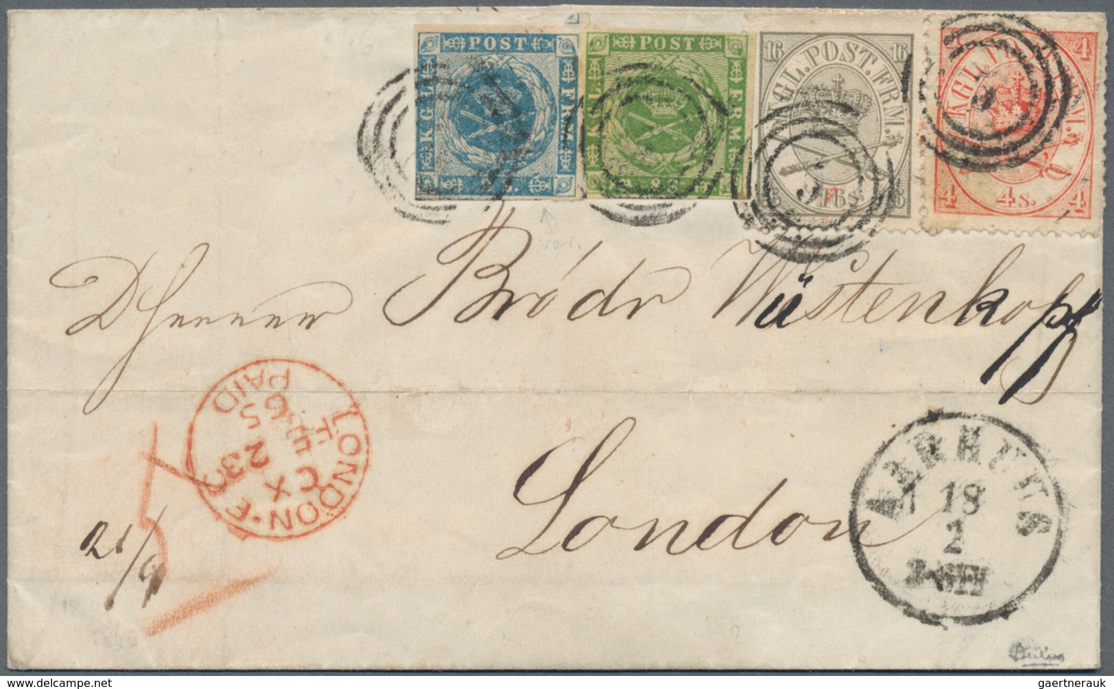 Dänemark: 1865 Folded Cover From Aarhuus To London Via Hamburg, Franked By 1855 2s. Blue In Combinat - Unused Stamps