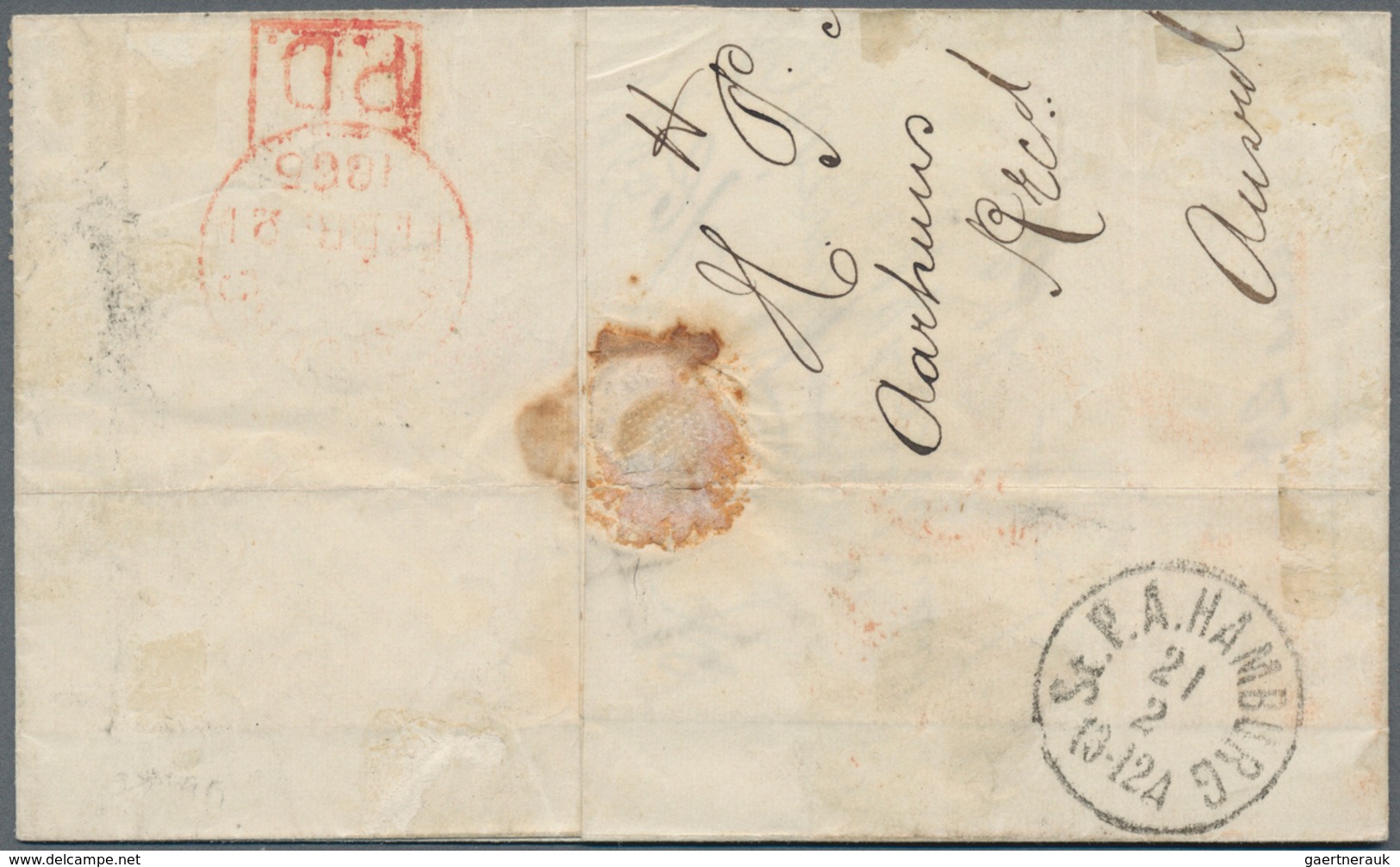Dänemark: 1865 Folded Cover From Aarhuus To London Via Hamburg, Franked By 1855 2s. Blue In Combinat - Ungebraucht