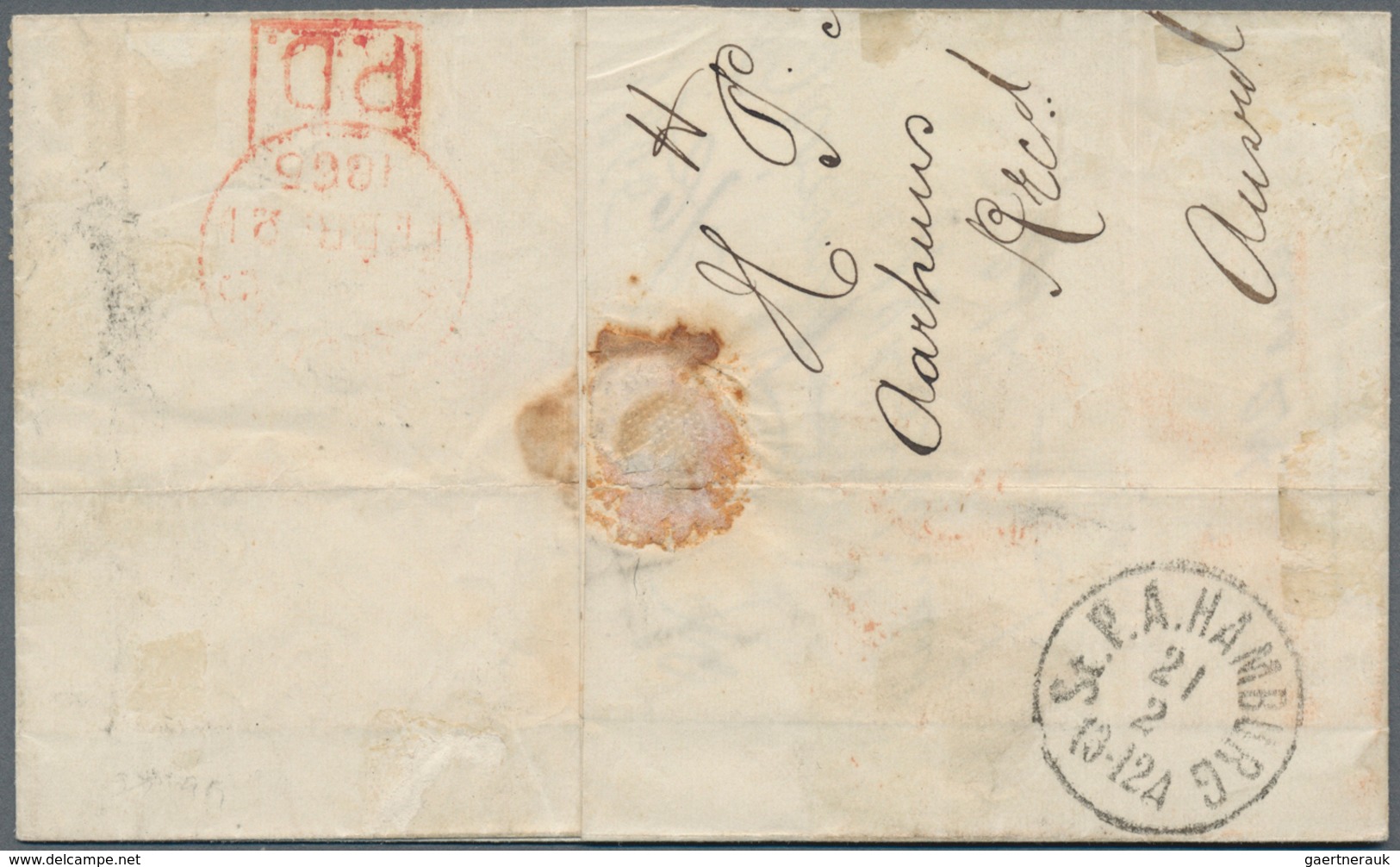 Dänemark: 1865 Folded Cover From Aarhuus To London Via Hamburg, Franked By 1855 2s. Blue In Combinat - Unused Stamps