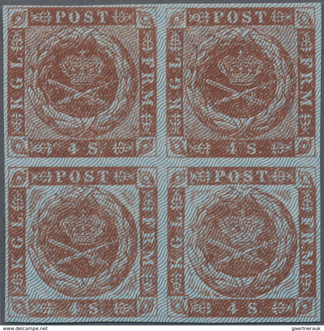 Dänemark: 1854 Proof Of 4s. Brown With Blue Burelage, Plate IV, Block Of Four Showing Top Pair With - Ongebruikt