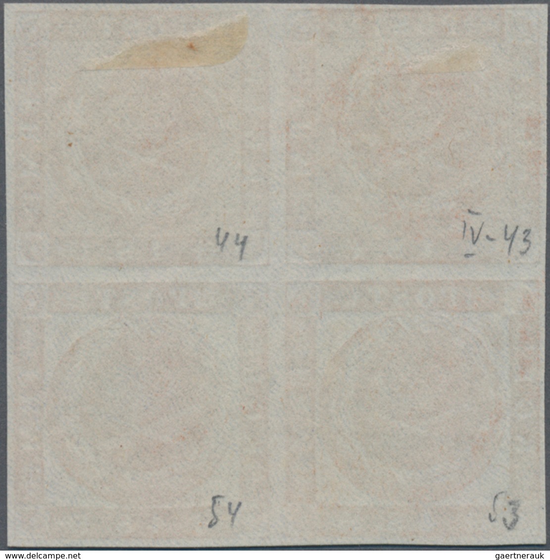 Dänemark: 1854 Proof Of 4s. Brown With Blue Burelage, Plate IV, Block Of Four Showing Top Pair With - Unused Stamps