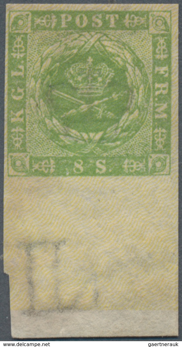 Dänemark: 1857 8s. Green Bottom Marginal Single, Wmk Crown Plus Part Marginal Sheet Wmk, Mint Never - Ungebraucht