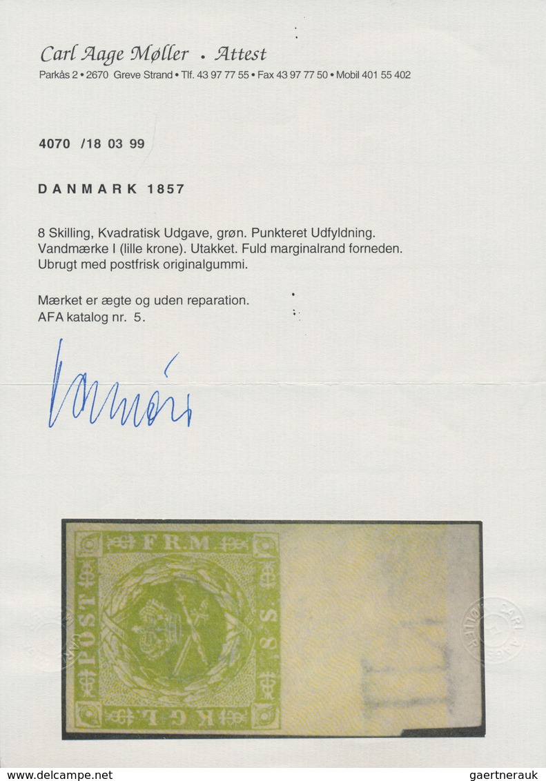 Dänemark: 1857 8s. Green Bottom Marginal Single, Wmk Crown Plus Part Marginal Sheet Wmk, Mint Never - Ongebruikt