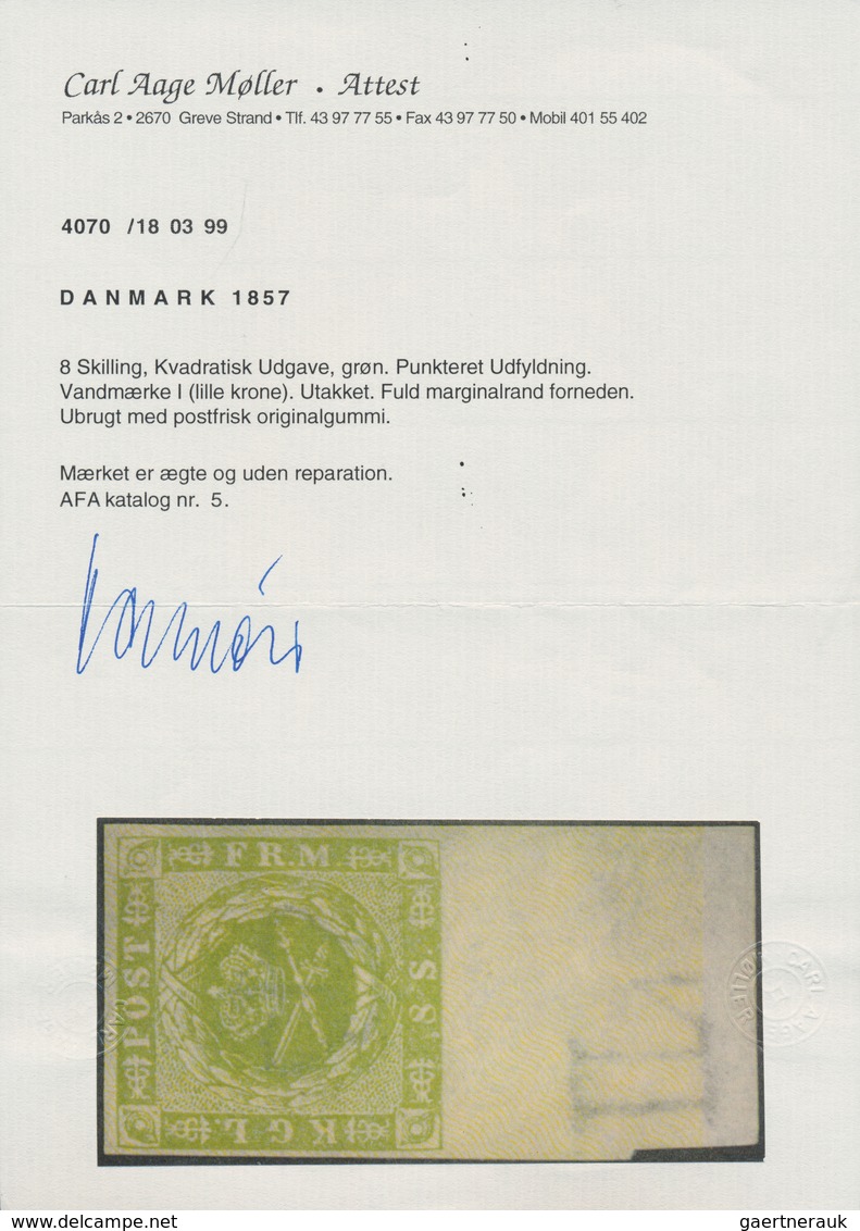 Dänemark: 1857 8s. Green Bottom Marginal Single, Wmk Crown Plus Part Marginal Sheet Wmk, Mint Never - Ungebraucht