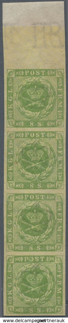 Dänemark: 1857 8s. Green Top Marginal Vertical Strip Of Four, Wmk Crown Plus Part Sheet Marginal Wmk - Ongebruikt