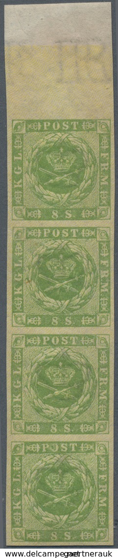 Dänemark: 1857 8s. Green Top Marginal Vertical Strip Of Four, Wmk Crown Plus Part Sheet Marginal Wmk - Ungebraucht