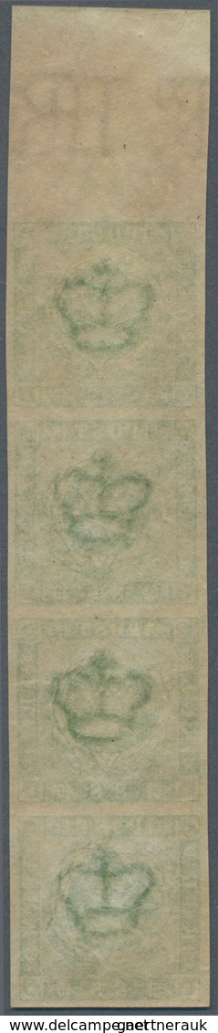 Dänemark: 1857 8s. Green Top Marginal Vertical Strip Of Four, Wmk Crown Plus Part Sheet Marginal Wmk - Unused Stamps