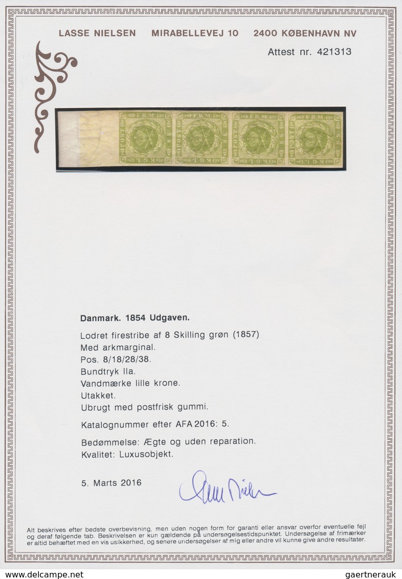 Dänemark: 1857 8s. Green Top Marginal Vertical Strip Of Four, Wmk Crown Plus Part Sheet Marginal Wmk - Ungebraucht