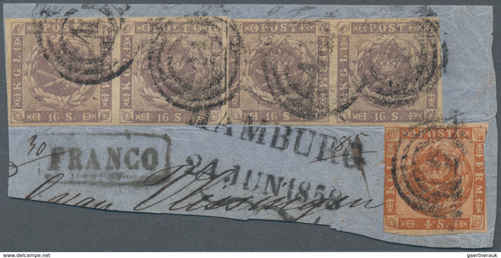 Dänemark: 1857 16s. Greyish Violet Two Horiz. Pairs Used Along With 1858 4s. Brown On Piece Of Cover - Ungebraucht