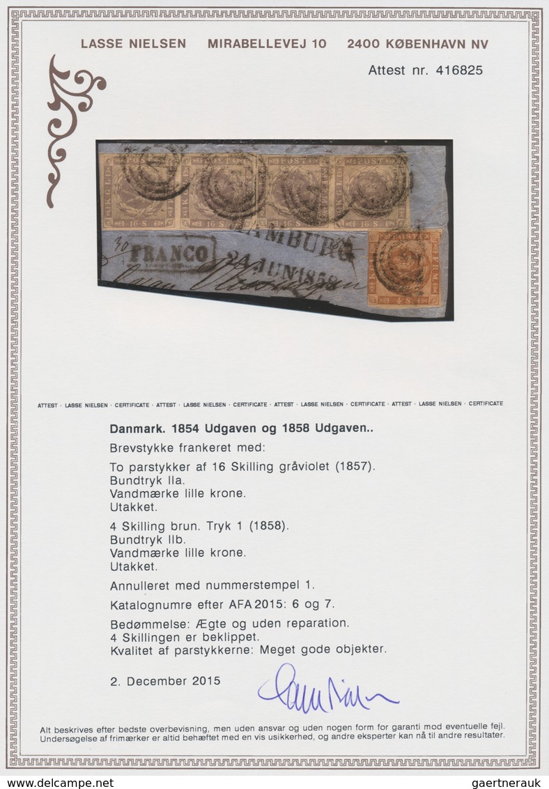 Dänemark: 1857 16s. Greyish Violet Two Horiz. Pairs Used Along With 1858 4s. Brown On Piece Of Cover - Ongebruikt