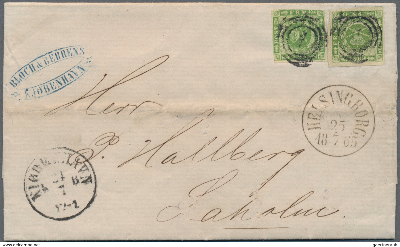 Dänemark: 1858 Two Singles Of 8s. Green Used On Letter From Copenhagen To Laholm, Sweden Via Helsing - Unused Stamps