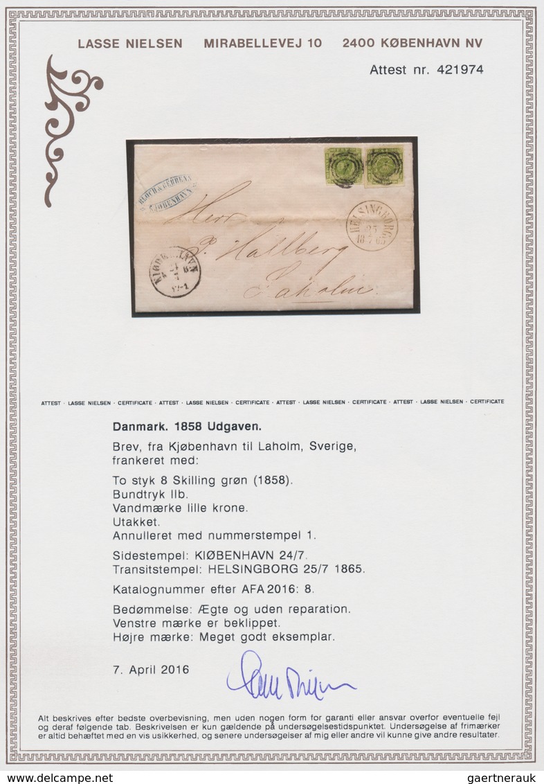 Dänemark: 1858 Two Singles Of 8s. Green Used On Letter From Copenhagen To Laholm, Sweden Via Helsing - Ungebraucht