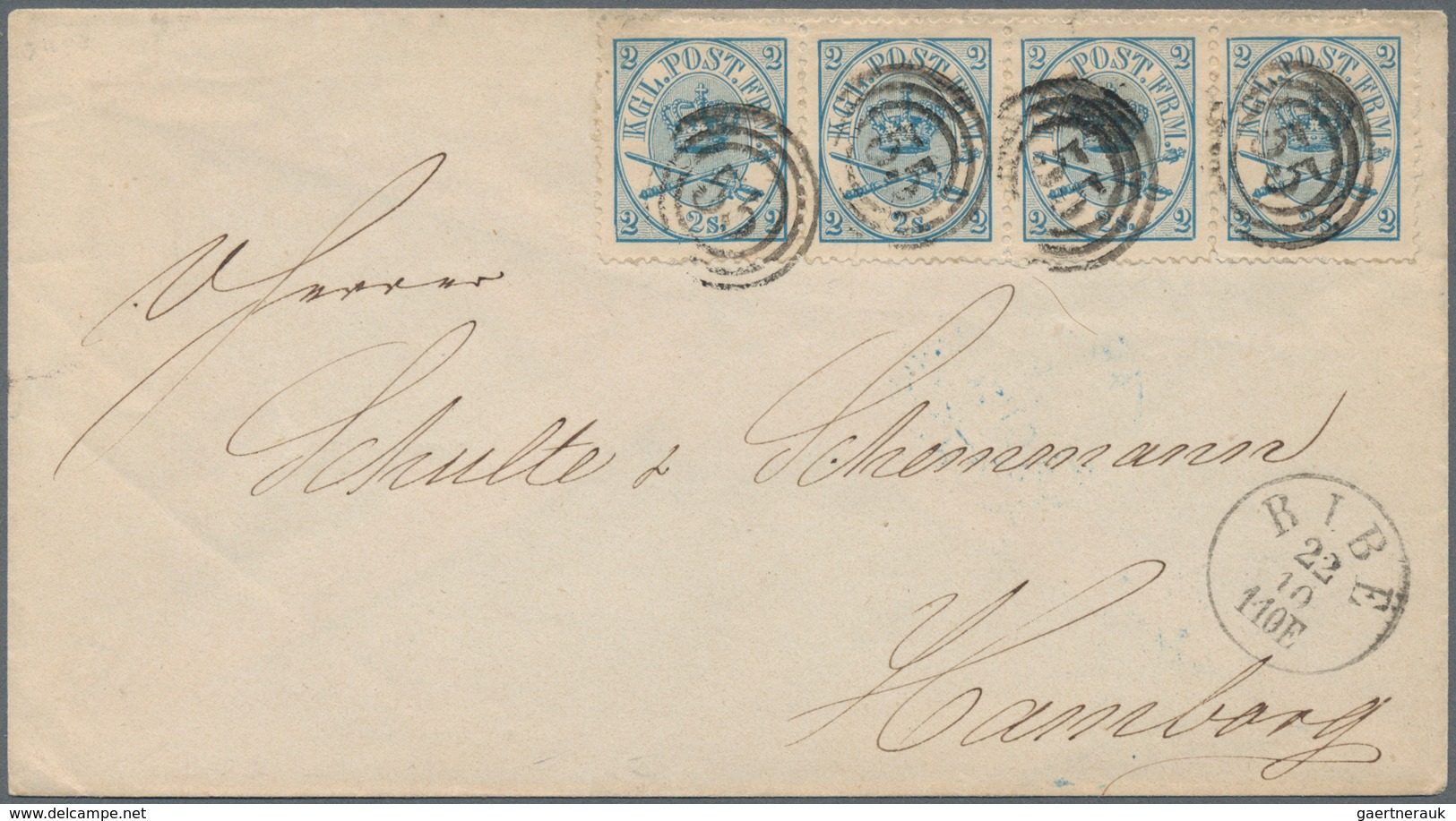 Dänemark: 1864 2s. Blue Horizontal Strip Of Four Used On Cover From Ribe To Hamburg In 1867, All Tie - Ungebraucht