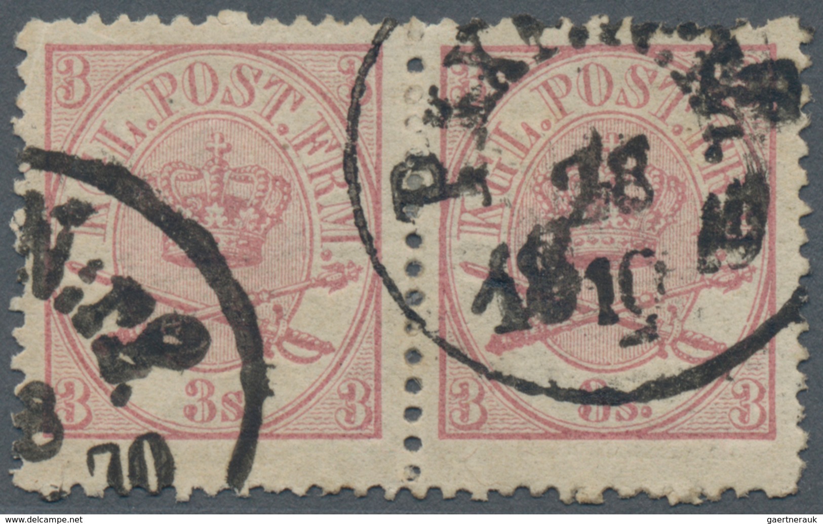 Dänemark: 1870 3s. Lilac Horizontal Pair, 4th Printing, PERF 12½, Used And Cancelled By "PKXP N:r2/1 - Ongebruikt