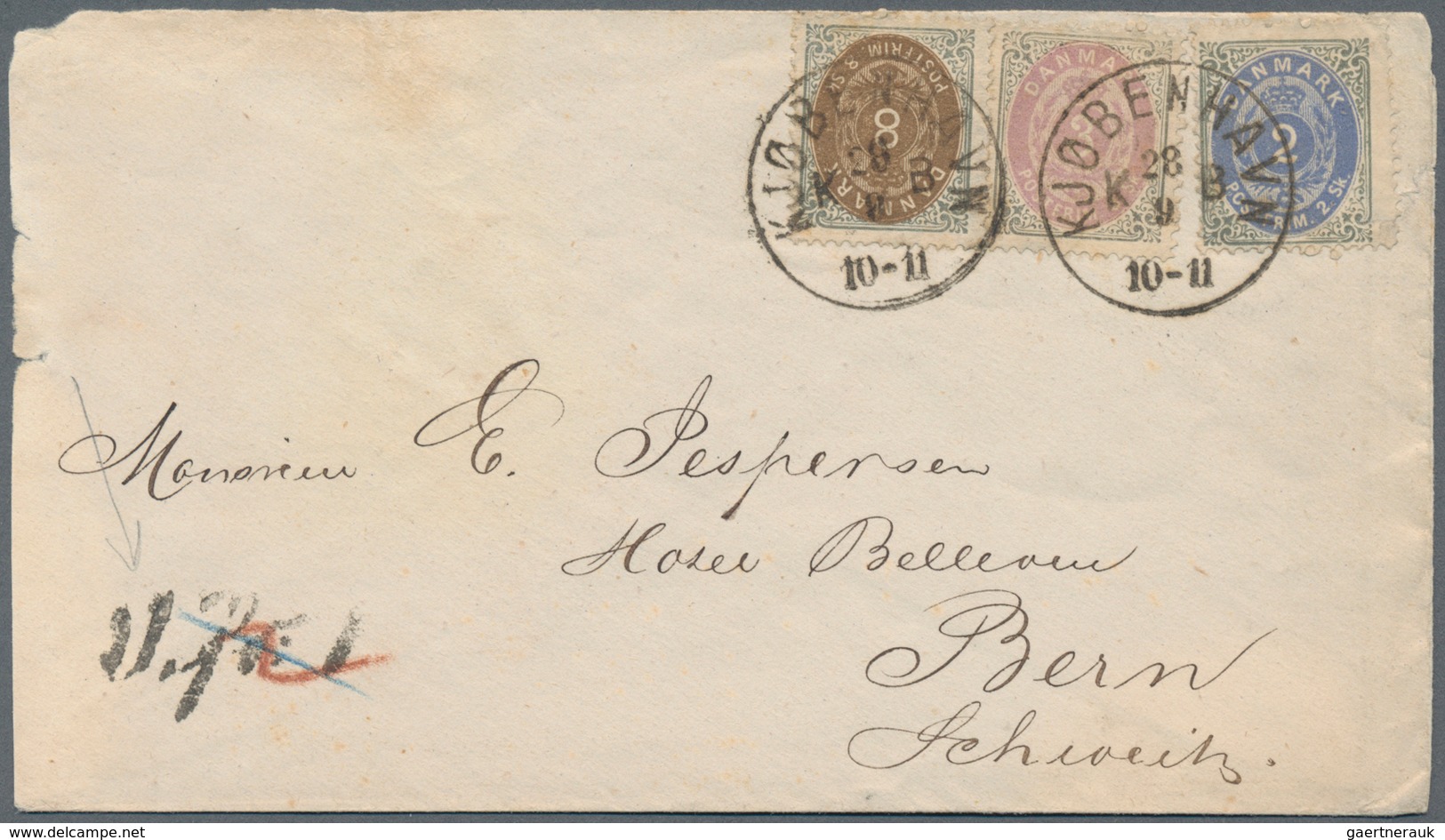 Dänemark: 1871 2s., 3s. And 8s. Used On Cover From Copenhagen To Berne, Switzerland And Tied By "KJØ - Ungebraucht