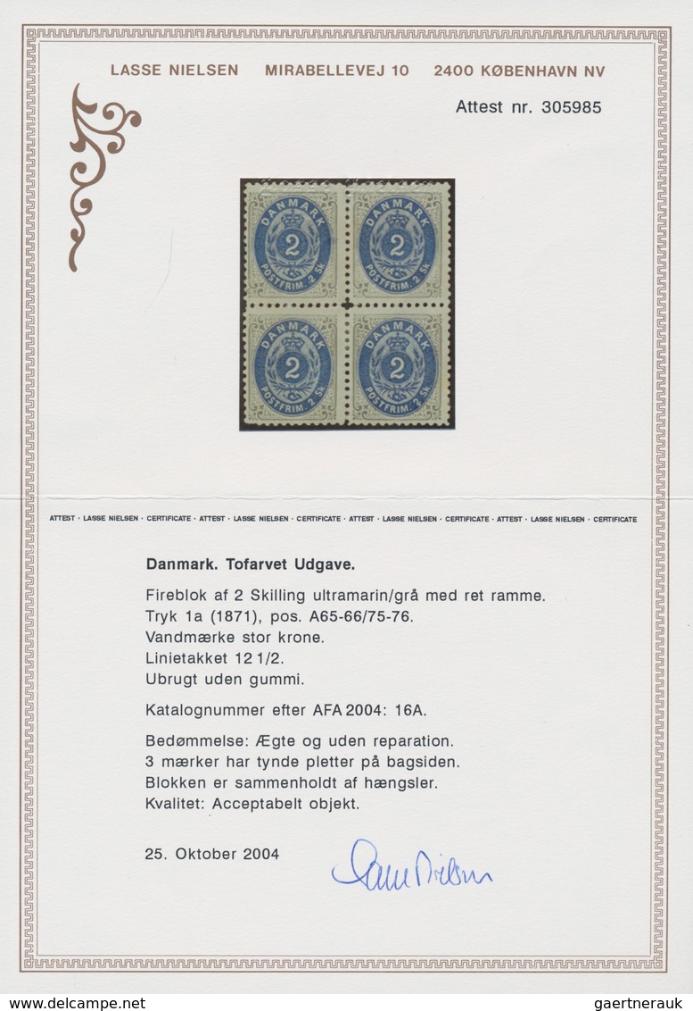 Dänemark: 1871 2s. Grey & Ultramarine, PERF 12½, Block Of Four From Printing 1a, Sheet Pos. A65-66/7 - Unused Stamps