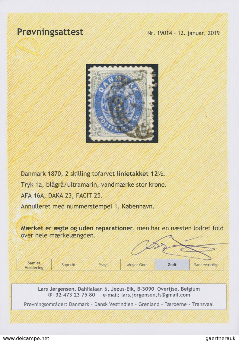 Dänemark: 1871 2s. Blue-grey & Bright Ultramarine, PERF 12½, Used In Copenhagen And Cancelled By Num - Ungebraucht