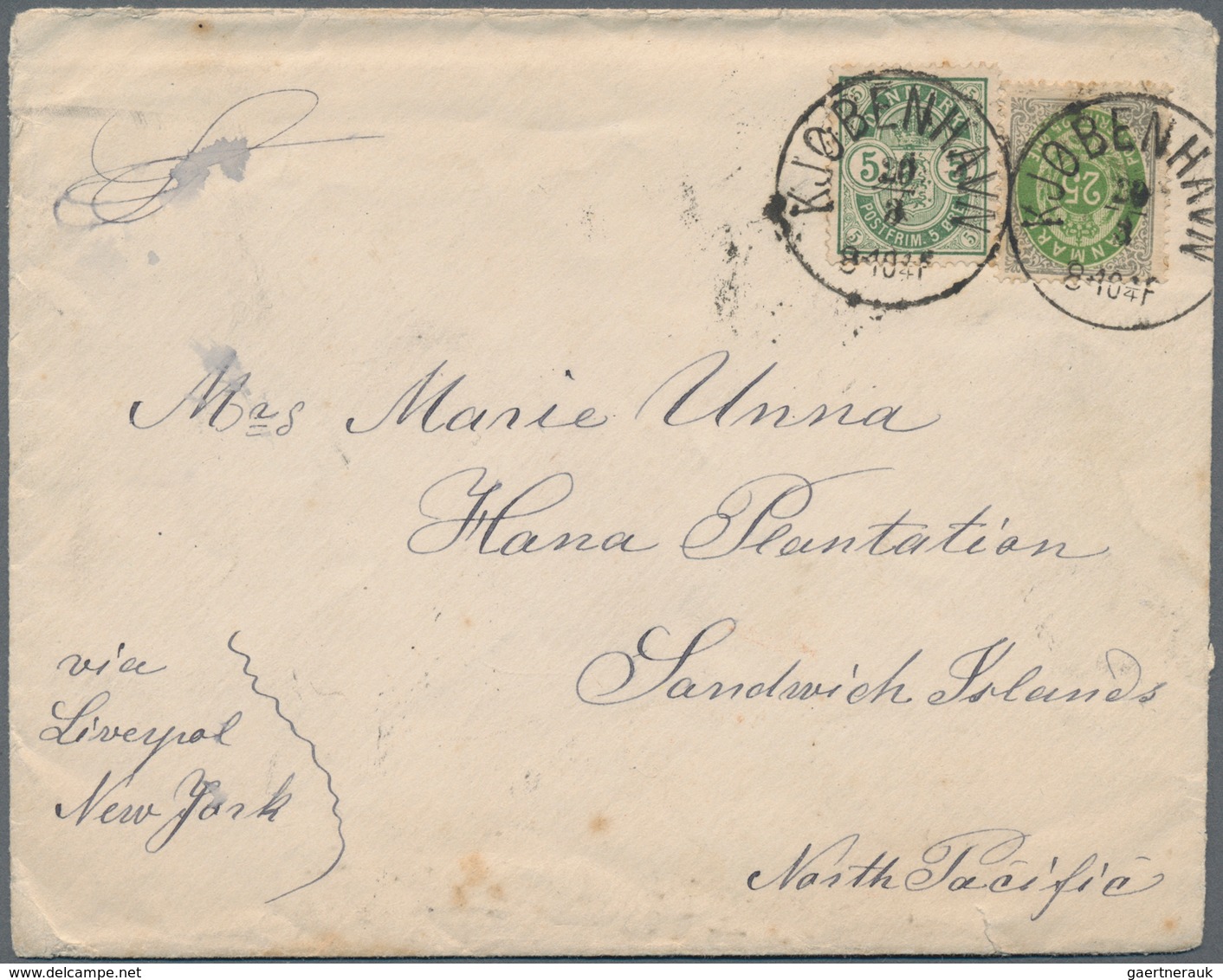 Dänemark: 1890 (ca.) Destination SANDWICH ISLANDS: Cover From Copenhagen To Hana Plantation (Maui), - Unused Stamps