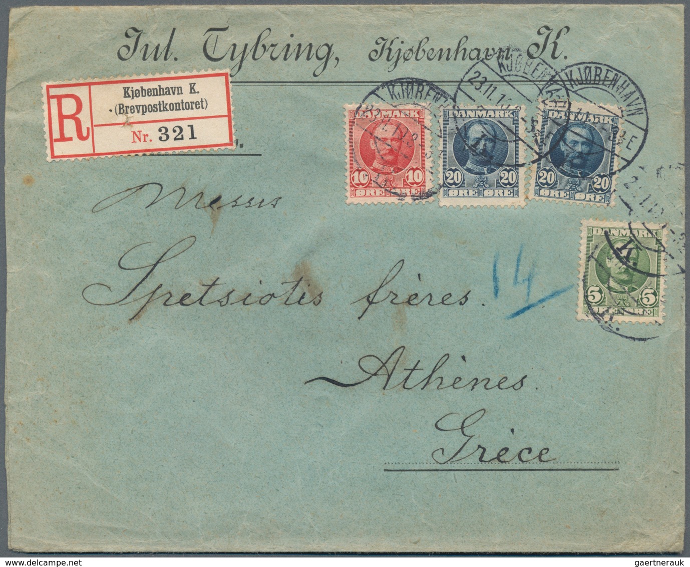 Dänemark: 1910 Destination GREECE: Registered Cover From Copenhagen To Athens Franked By KFVIII. 5 ø - Unused Stamps