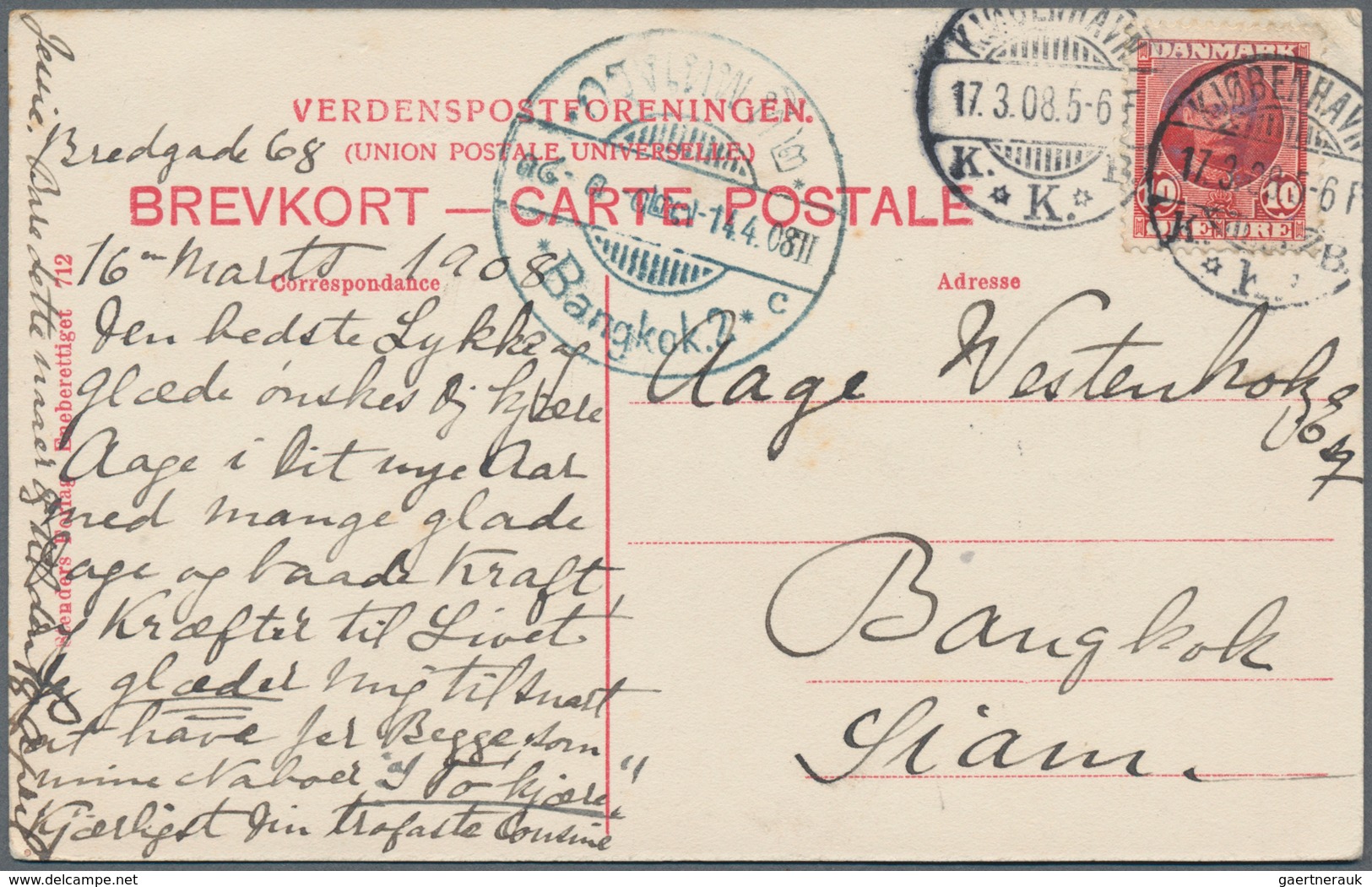 Dänemark: 1908, 10 Öre Single Franking On Souvenir Postcard From Kopenhavn To Bangkok/Siam, Arrival - Unused Stamps