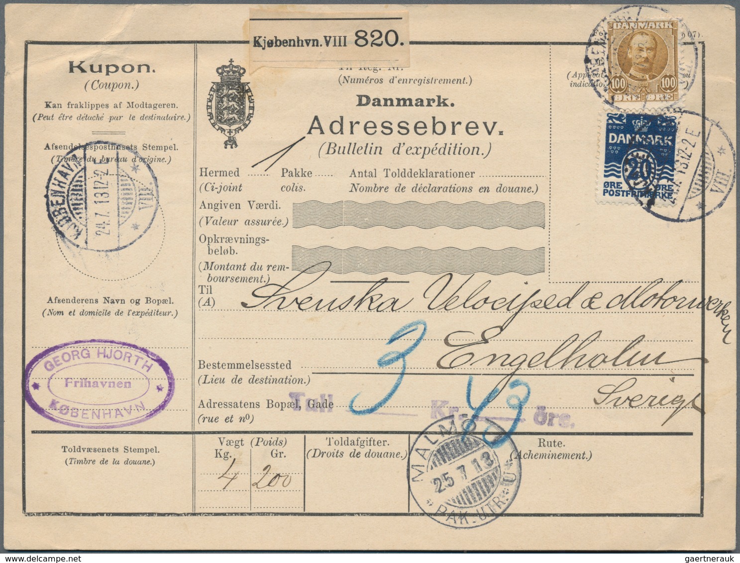 Dänemark: 1913, 120 Öre Mixed Franking On Parcel Card From Kobenhavn To Sweden - Ungebraucht