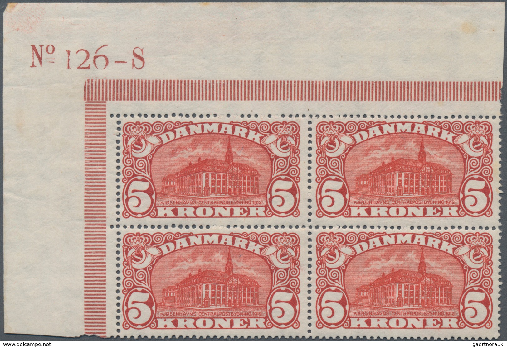Dänemark: 1912 5kr. Brown-red Top Left Corner Block Of Four With Marginal Number "126-S", 4th (1919) - Unused Stamps