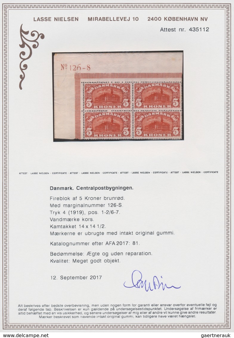 Dänemark: 1912 5kr. Brown-red Top Left Corner Block Of Four With Marginal Number "126-S", 4th (1919) - Ungebraucht