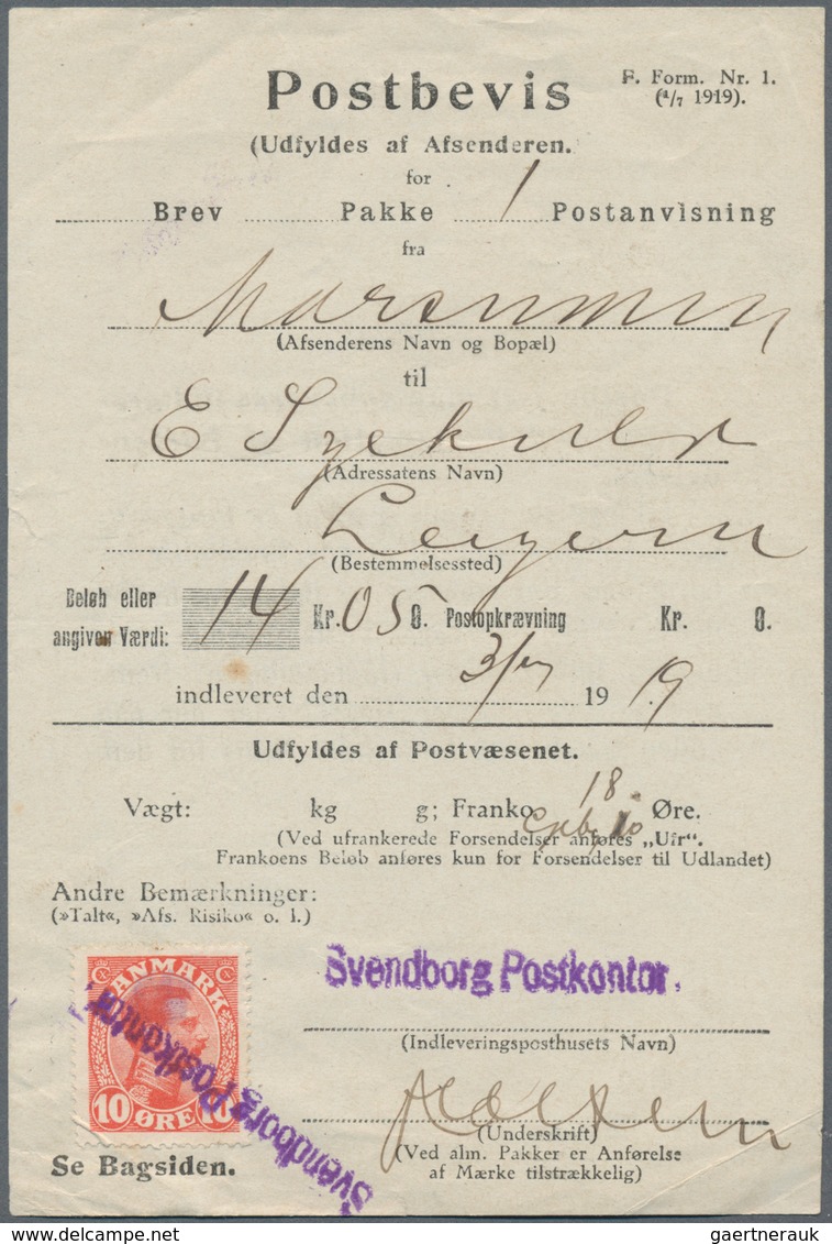 Dänemark: 1919, 10 Öre Red With Violet One-liner Cancel "Svendborg Postkontor" On Form "Postbevis" - Ungebraucht
